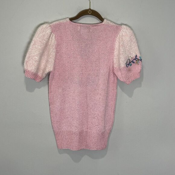 Nannell Sweater Women’s Small Pink Floral Embroidered Puff Sleeve Beaded Angora - Picture 2 of 10